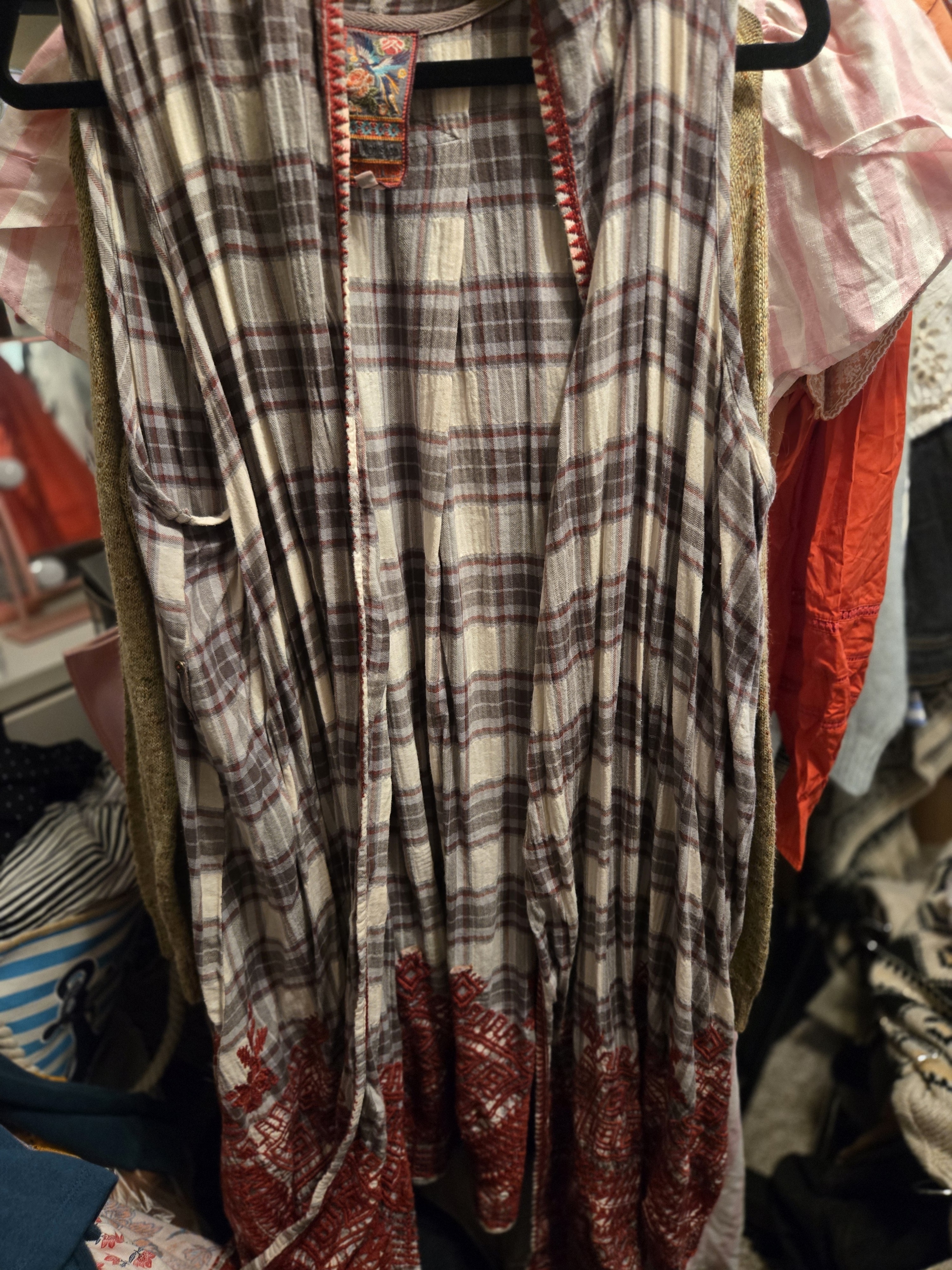 Johnny Was Plaid Vest With Multicolor Embroidered Patch